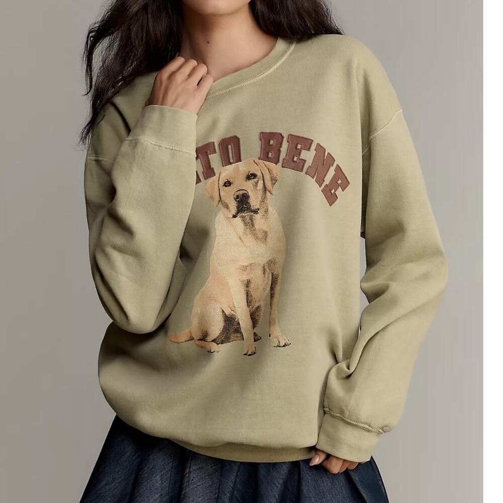 Anthropologie Molto Bene Sweatshirt M Green Dog Graphic Pullover NWT Oversized